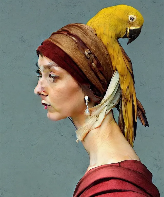 Prompt: parrot as the girl with the pearl earring, highly detailed, digital painting, artstation, concept art, smooth, sharp focus, illustration, ArtStation, art by artgerm and greg rutkowski and alphonse mucha and J. C. Leyendecker and Edmund Blair Leighton and Katsuhiro Otomo and Geof Darrow and Phil hale and Ashley wood and Ilya repin and Charlie Bowater