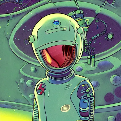 Image similar to a portrait of pilot android symbiotic in spacesuit on field forrest spaceship station landing laying lake artillery outer worlds in FANTASTIC PLANET La planète sauvage animation by René Laloux