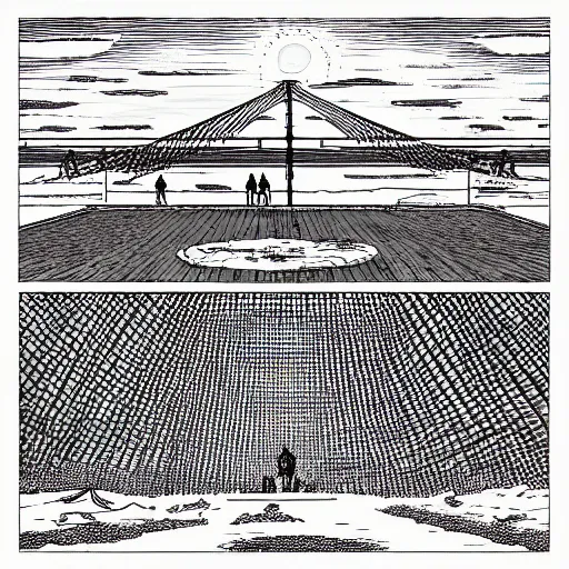 Image similar to by apollonia saintclair, by carsten meyerdierks depressing, tranquil mayan. a illustration of a group of flying islands, each with its own unique landscape, floating in the night sky. the islands are connected by a network of bridges. a small group of people can be seen walking along one of the bridges.