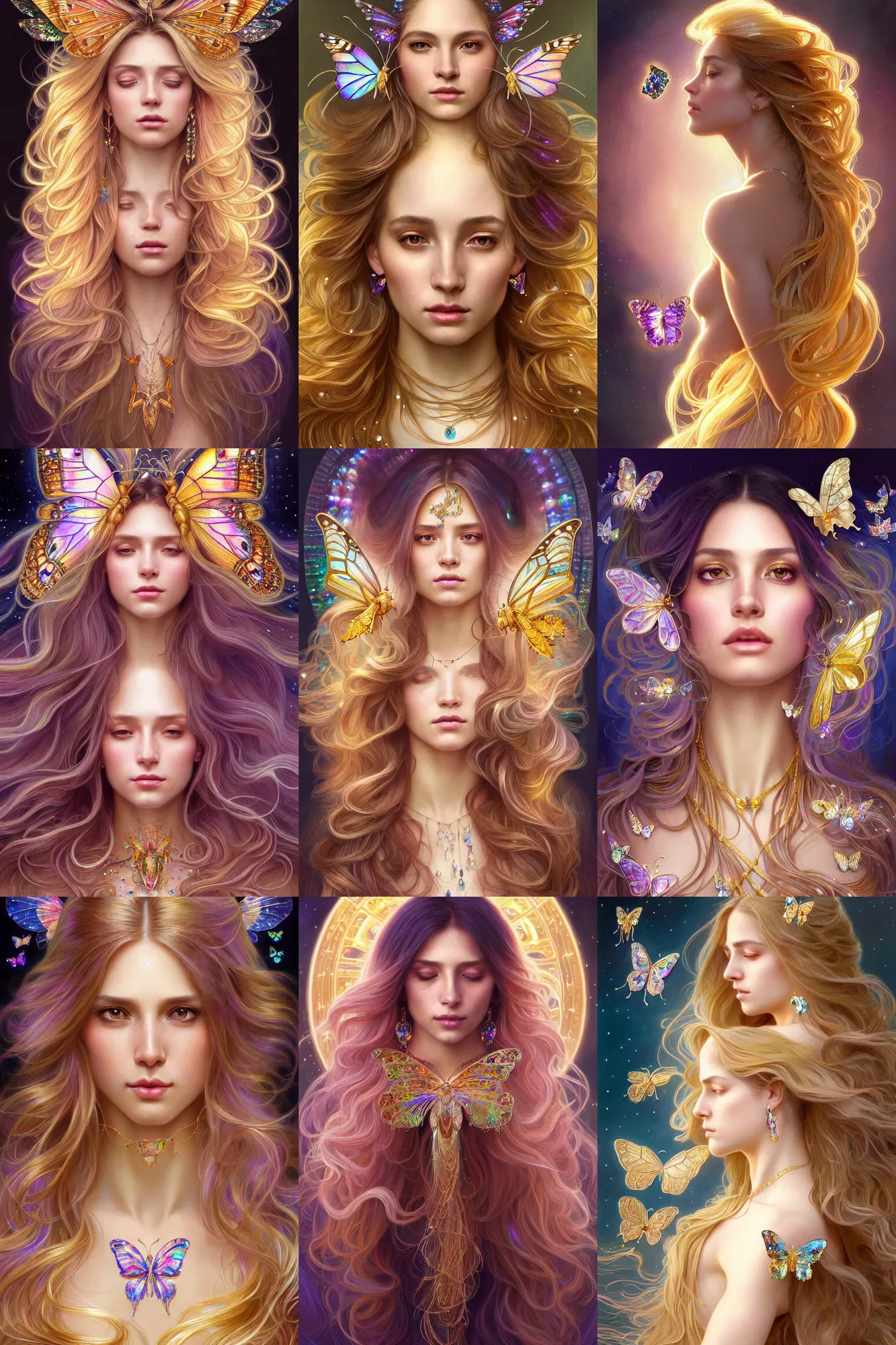 Prompt: clear portrait of a woman with long hair, iridescent and golden, refractive crystal jewelry, butterflies, hyper detailed, character concept, full body, dynamic pose, glowing lights, intricate, elegant, highly detailed, digital painting, artstation, concept art, smooth, sharp focus, illustration, art by artgerm and greg rutkowski and alphonse mucha.