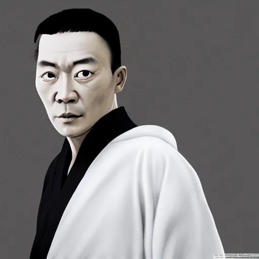 Image similar to portrait painting of a 3 5 - year - old chinese man, taoist priest, dressed in black and white taoist robe, like andy lau, immortal bone, affable ， wenjun lin, unreal engine 5 highly rendered, global illumination, radiant light, detailed and intricate environment