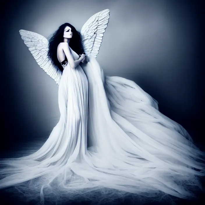 Image similar to photo portrait of a beautiful woman like a dark fallen angel, total body dressed in long elegant intricate ornamental white dress, fine art photography by Giovanni Gastel, professional studio dramatic lighting, volumetric lighting, dramatic colors scheme , hyper realistic photography in style of Vogue Fashion magazine