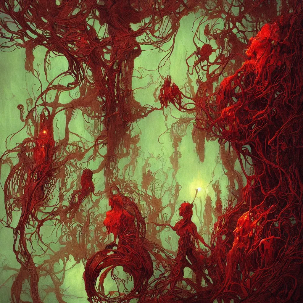 Image similar to colorful fungus monsters by beksinski, red veins by alphonse mucha, intense lighting, light beams, lens flare, intricate, elegant, nightmare, highly detailed, digital painting, artstation, concept art, smooth, sharp focus, illustration