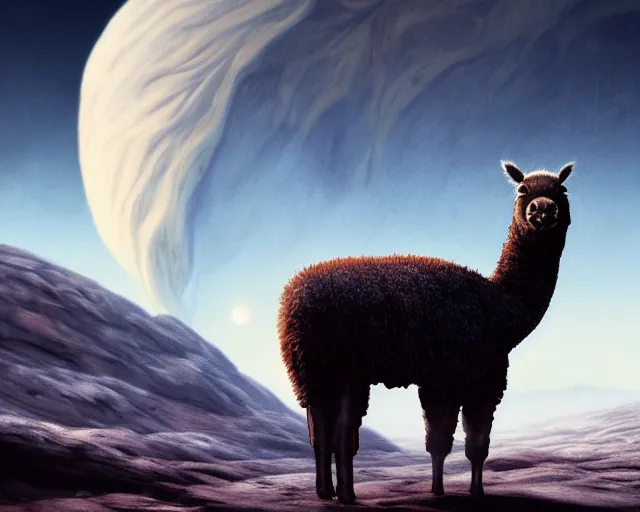 Prompt: 5 5 mm portrait photo of geralt riding an alpaca on the surface of io. jupiter is visible in the background. gritty fantasy atmosphere. art by greg rutkowski. highly detailed 8 k. intricate. lifelike. soft light. nikon d 8 5 0.