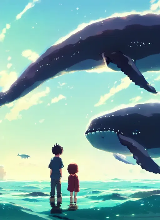 Prompt: boy and girl watching big whales on sky, illustration concept art anime key visual trending pixiv fanbox by wlop and greg rutkowski and makoto shinkai and studio ghibli