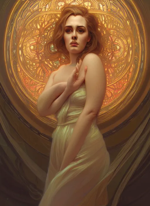 Image similar to portrait of adele, intricate, elegant, glowing lights, highly detailed, digital painting, artstation, glamor pose, concept art, smooth, sharp focus, illustration, art by wlop, alphonse mucha and greg rutkowski