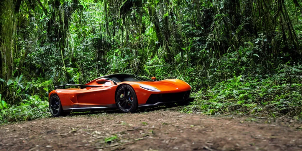 Image similar to a real photograph of a supercar running in the Amazon forest