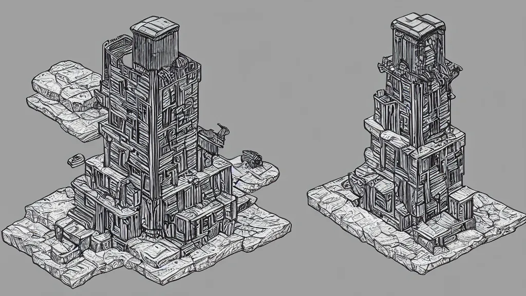 Image similar to isometric view of a solar punk wizard tower that's surrounded by rocks and mountains, lineart.