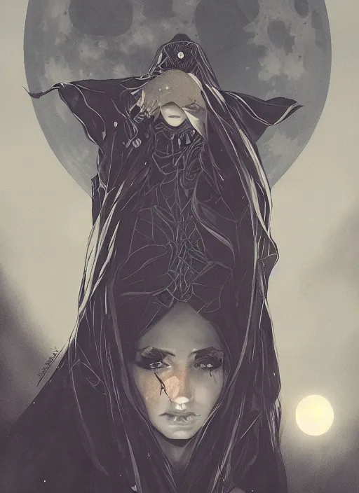 Image similar to symmetrical centered portrait of Anna Millerstone as a Dark evil witch, big moon in the background, dramatic lighting, book cover illustration by Greg rutkowski, yoji shinkawa, 4k, digital art, concept art, trending on artstation, golden silver elements, empty space, flower elements