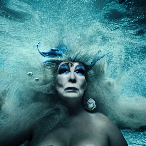 Image similar to Trump as Ursula the sea witch underwater, 8k, professional photography, cinematic shot, dark, smoke