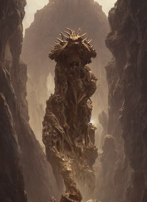 Image similar to hyper realistic photography of intricate symmetric strange alien bone god sitting on ruined ornamented rock throne in a crystal cave detailed, greg rutkowski, mignola, moebius, artstation, cgsociety