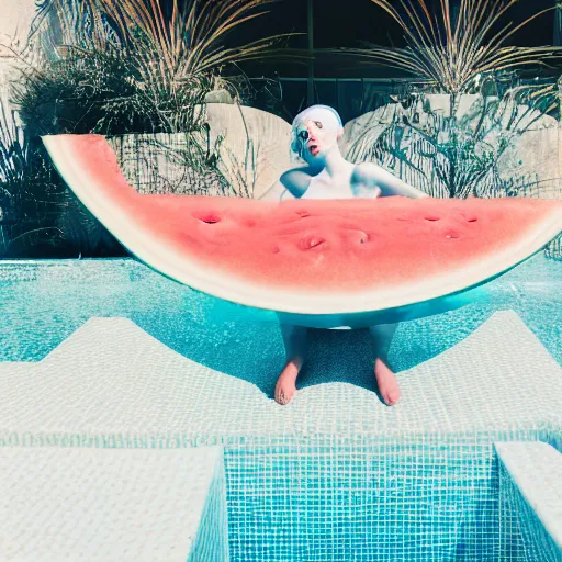 Image similar to cinematic photo of a beautiful albino watermelon woman lit with saturated split colour blue and dusty pink lighting sunbathing by the pool