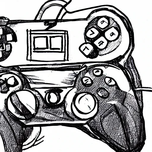 Prompt: ink pen doodle of small box character holding game controller