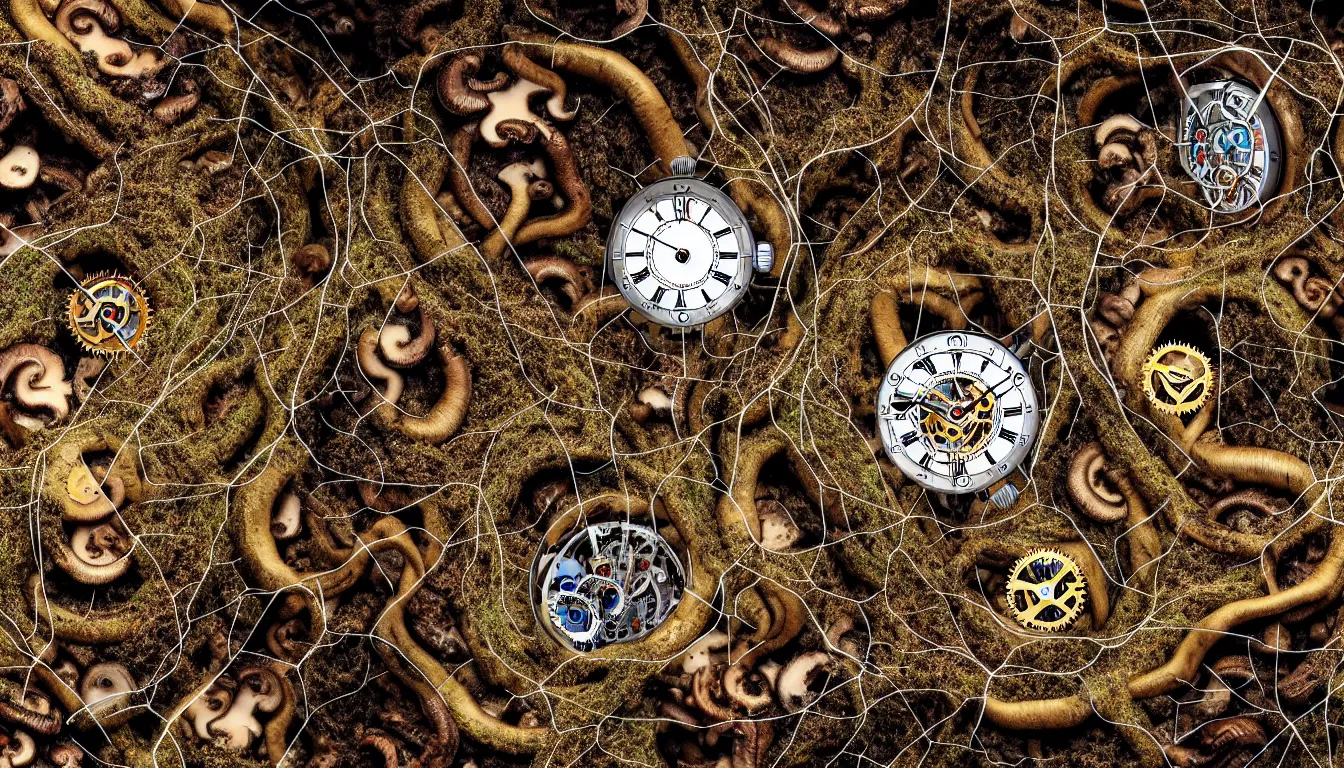 Image similar to detailed view from inside a clockwork watch landscape, entangled roots covered in mushrooms, cracked earth, living spore microorganisms, decaying, rusty, hyper realistic photo, full colour, upscale, 8 k