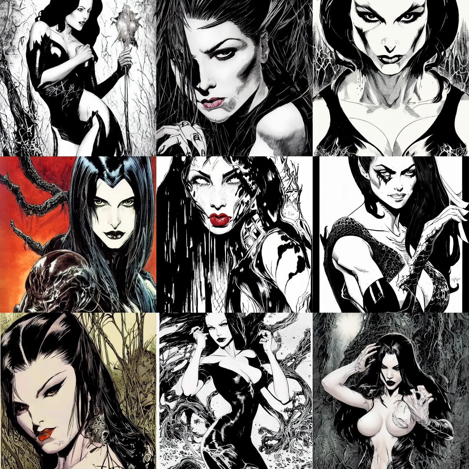 Prompt: portrait of a beautiful woman, pale skin, black hair, marvel comics, dark, vampire, sorceress, intricate, overgrown swamp, queen, highly detailed, smooth, black and white, comic inks, splash page, by frank frazetta and nick bradshaw, and arthur adams