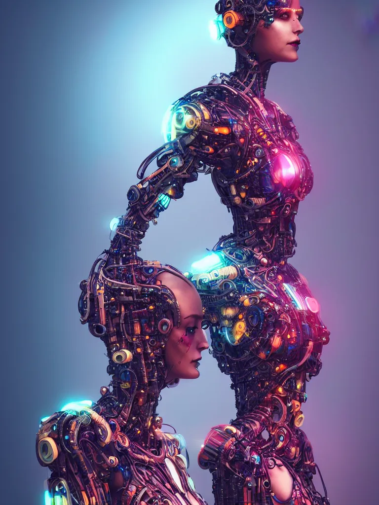 Image similar to full lenght shot woman in biomechanical dress, wearing epic bionic cyborg implants of different colors, masterpiece, intricate, biopunk futuristic wardrobe, highly detailed, artstation, concept art, background galaxy, cyberpunk, octane render