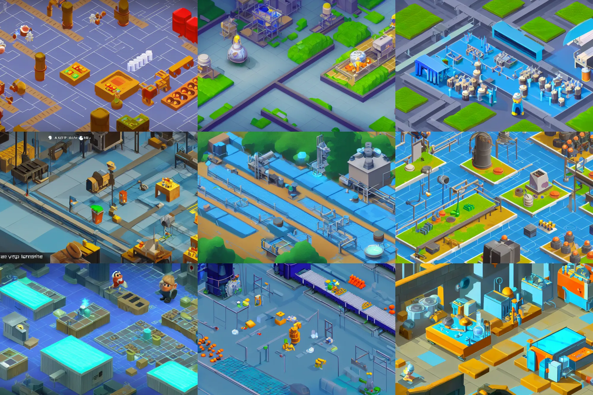 Prompt: video game screenshot with user interface. isometric view of a production line laboratory producing magic potions, conveyor belts, gears. cartoon pixar. outdoor light blue grass. beautiful trending rtx render, rim light, clear focus, very coherent