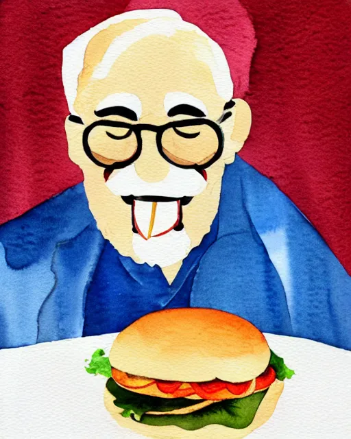 Prompt: watercolor picture of an old man eating hamburger, low key
