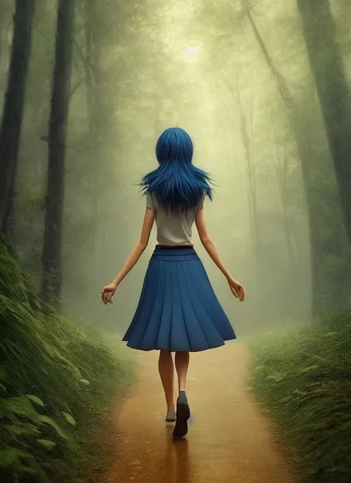 Prompt: young woman walking short blue skirt : : magic raining forest nature : : weta disney pixar movie still photo : : decadent highly - detailed digital painting, full length shot, golden ratio, octane render, artstation, smooth, sharp focus, artgerm, mucha, loish, wlop, gogo