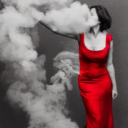 Image similar to a detailed photo of woman in evening dress and smoke around the woman, noire photo, grayscale photo with red dress, photo by Michael David Rock, 8K, 50mm lens