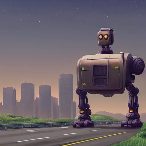 Prompt: a beautiful detailed matte painting of a realistic colossal robot near a busy highway by Simon Stalenhag