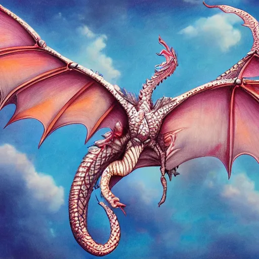 Image similar to dragon flying above the sea, perfect dragon anatomy, hyper realistic, pastel color, symmetrical, 4 k, highly ornate intricate details,