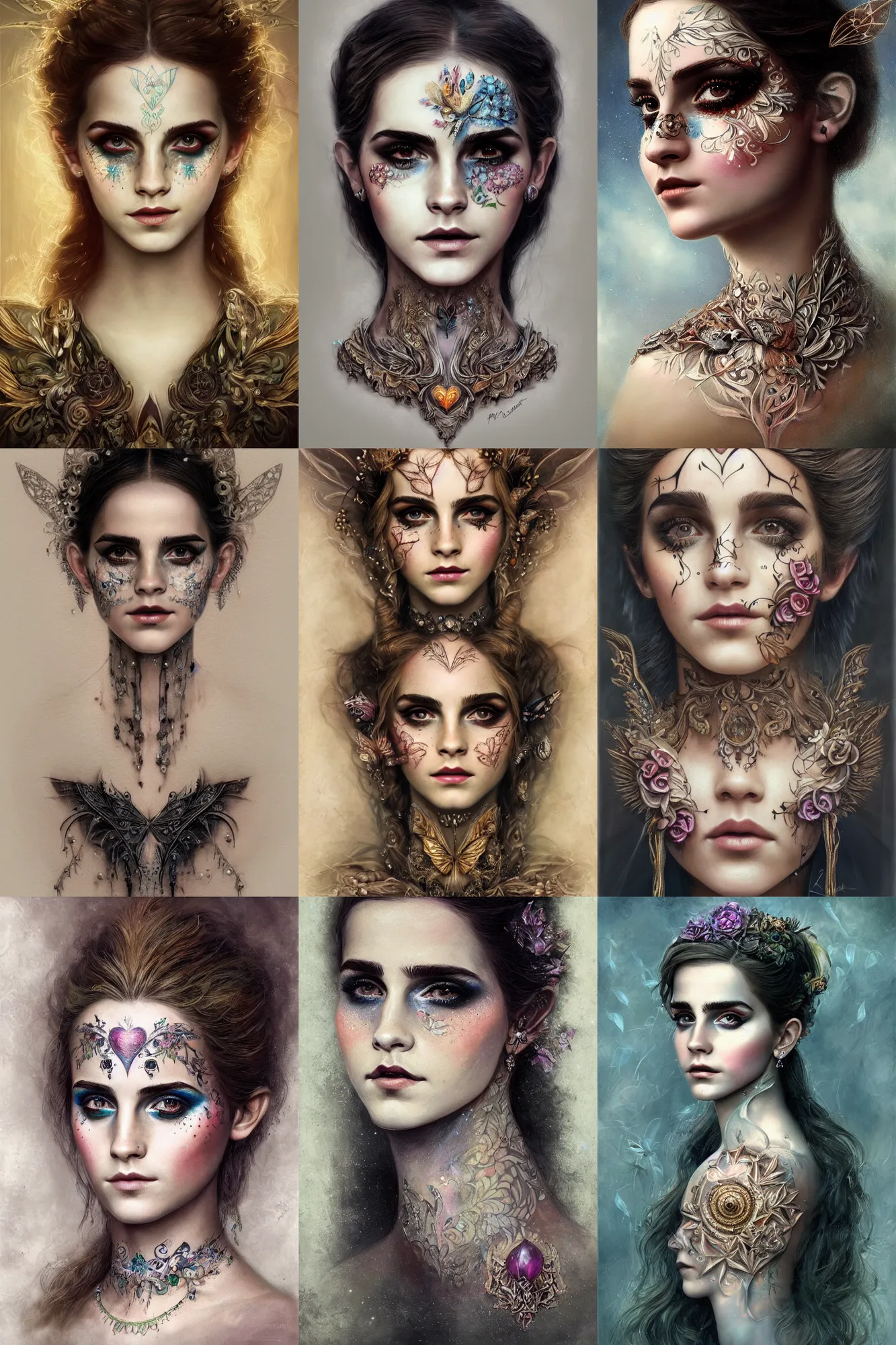 Prompt: portrait of fairy, symmetric, facepaint facepaint facepaint, intricate jewelry, trending on artstation 4 k, high quality, in the style of karol bak and tom bagshaw, bust with face of emma watson, tattoos