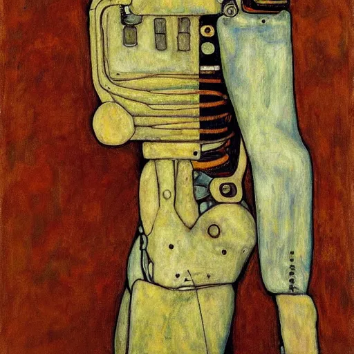 Image similar to portrait of a robot by egon schiele in the style of frank frazetta