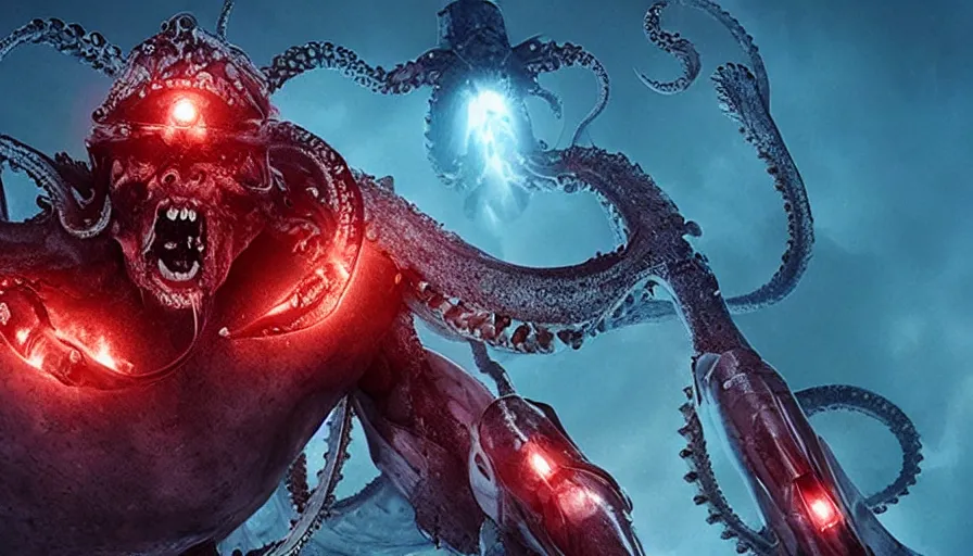 Prompt: Big budget movie about a cyborg demon fighting the kraken