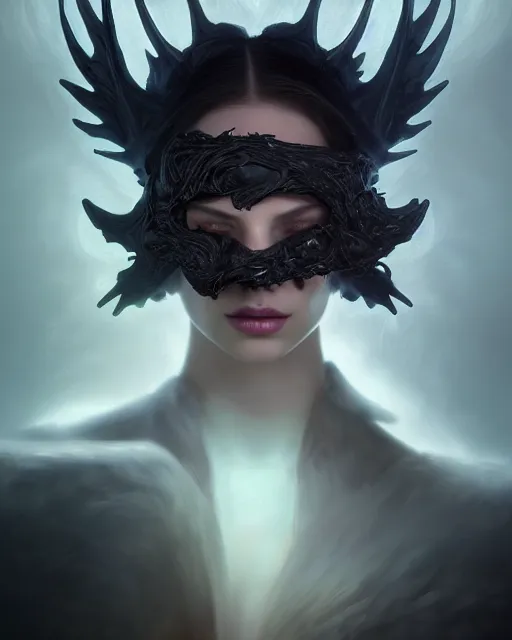 Image similar to fantasy portrait of a dark angel with a blindfold on his eyes!!, highly detailed, moist foggy, abstract dragons around in a intricate background, complex 3 d render by ilya kuvshinov, peter mohrbacher. unreal engine, blender, octane, ray tracing. sharp focus, masterpiece, post processing, deviantart