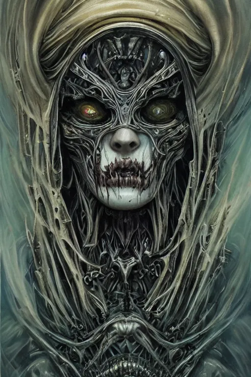 Image similar to Elden Ring and Doom themed painting of majestic chromatic biomechanical anatomical undead warrior hybrid beautiful ethereal angel symmetrical neutral mask closeup face tattoo pattern golden ratio concept, Neo-Gothic concept, infinity glyph waves, intricate artwork masterpiece, very coherent artwork, cinematic, full frontal facial features by Artgerm, art by H.R. Giger, Joseph Michael Linsner, Zdizslaw Beksinski, Johnatan Wayshak, Moebius, Ayami Kojima, very anatomically coherent artwork, trending on cgsociety, ultra high quality model, production quality cinema model, high detail chromatic ink outline, octane render, unreal engine 8k, hyper realism, high detail, octane render, unreal engine, 8k, High contrast