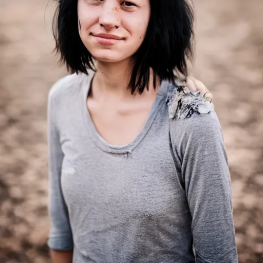 Image similar to tired young woman with shoulder - length messy black hair, slightly smiling, 1 3 5 mm nikon portrait
