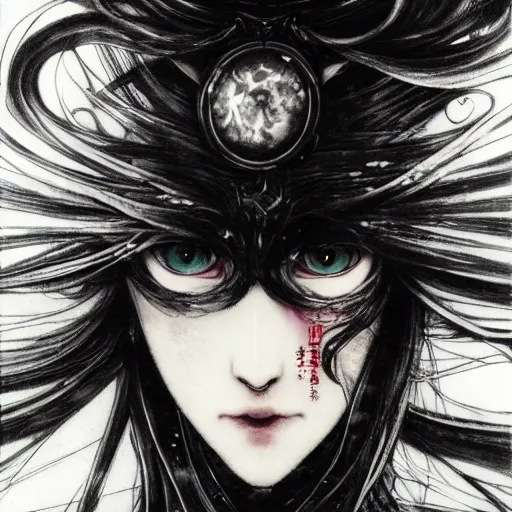 Image similar to Yoshitaka Amano blurred and dreamy illustration of an anime girl with wavy white hair fluttering in the wind and cracks on her face wearing elden ring armour with the cloak, abstract black and white patterns on the background, noisy film grain effect, highly detailed, Renaissance oil painting, weird portrait angle