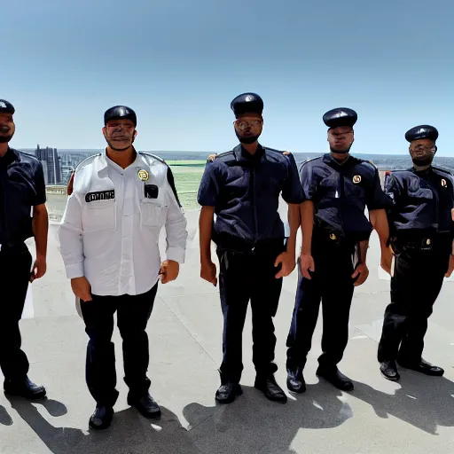 Prompt: a team of futuristic security guards standing for a group photo