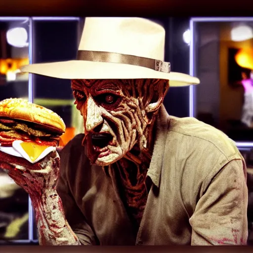 Image similar to A still of Freddy Krueger eating a burger, 4k, photograph, ultra realistic, highly detailed, studio lighting