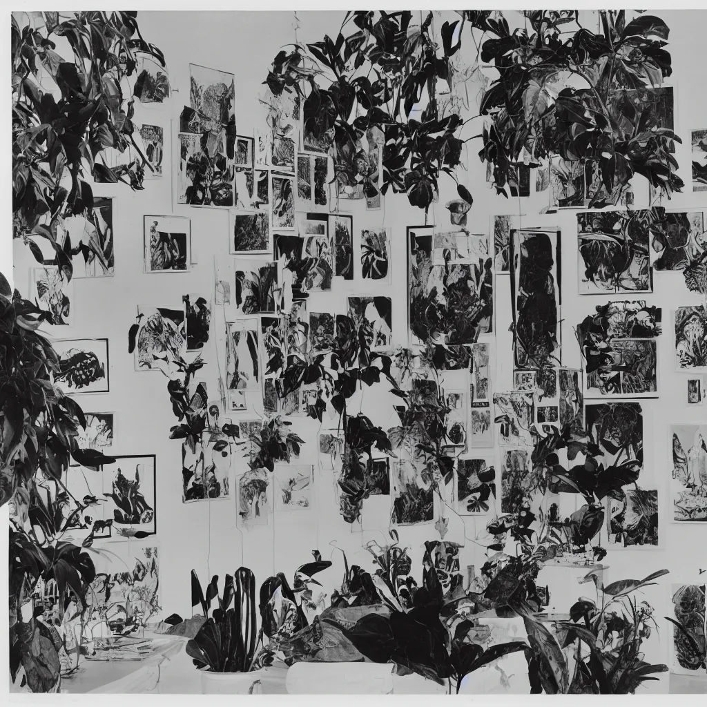 Image similar to A black and white photography of an exhibition space with works of Sun Ra, Marcel Duchamp and tropical plants, 60s, offset lithography print