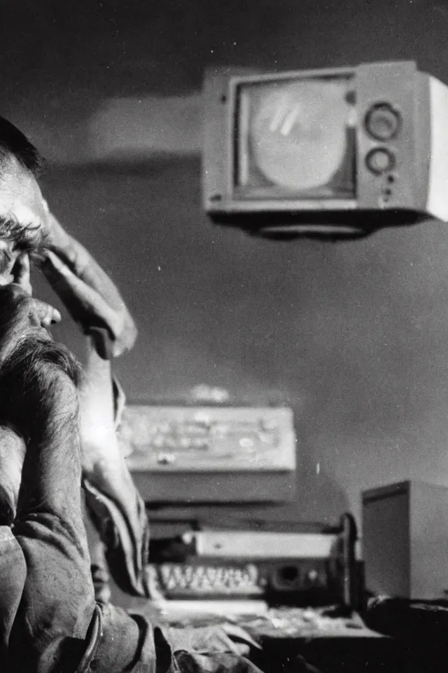 Prompt: a high resolution photo of a sad man watching the end of the world on a vintage computer,, earthquake, debris