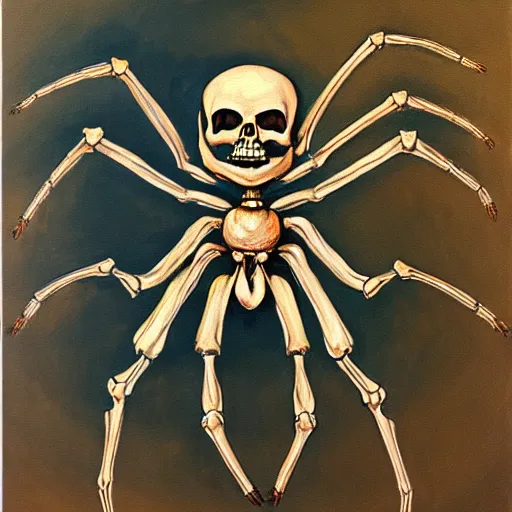 Image similar to a giant spider and a human skeleton, the skeleton is mounting the spider, inside of a cave, oil painting