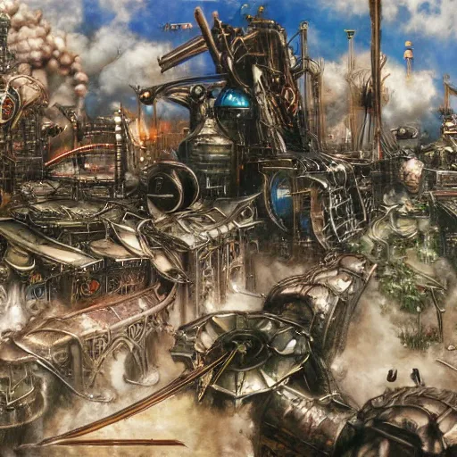 Image similar to painted conceptual art from from final fantasy 7 from the steam punk city midgard as backdrop, by master artist yoshitaka amano