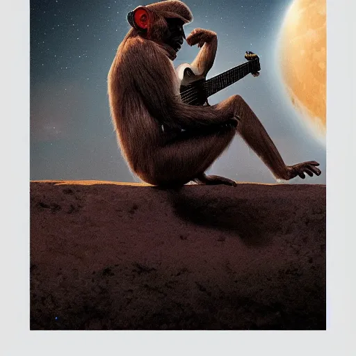 Image similar to monkey playing a guitar at the moon, by greg rutkowski, cinematic, global light, canon