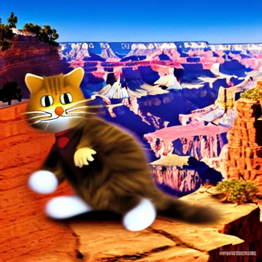 Prompt: Garfield doing a kick flip over the grand canyon Garfield is very fuzzy, stunning detail, photo realistic, realistic lighting