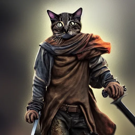 Image similar to a high detail shot of a dirty, homeless cat wearing rags, holstering sword, realism, 8 k, fantasy, d & d, concept art