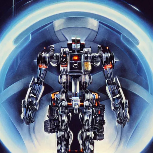 Image similar to portrait of a mecha robot, symmetrical, movie poster art by drew struzan,