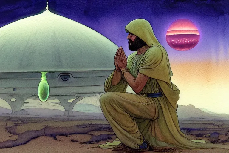 Image similar to a hyperrealist watercolour character concept art portrait of a middle eastern merchant kneeling down in prayer in front of an elegant alien with 1 2 eyes on a misty night in the desert. a ufo is in the background. by rebecca guay, michael kaluta, charles vess and jean moebius giraud