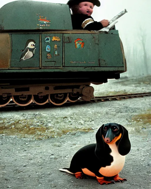 Prompt: giant oversized chubby bulky armored train penguin Dachshund mech, with big Dachshund head , rocket launcher , on a village , Cinematic focus, fujicolor photo, vintage, neutral colors, soft lights, foggy, panorama by by Serov Valentin, by lisa yuskavage, by Andrei Tarkovsky