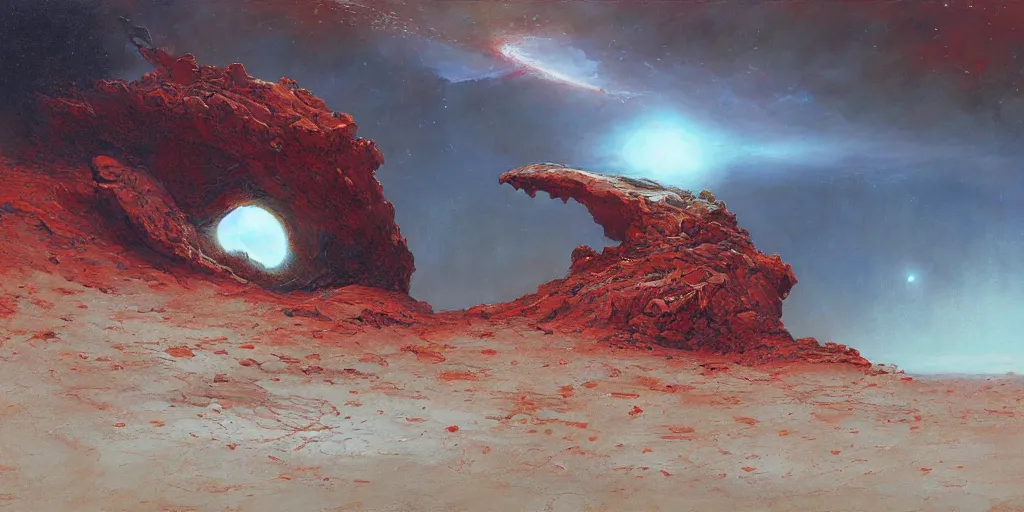 Image similar to supernova, alien surface planet, red desert mars, painted by ruan jia, raymond swanland, lawrence alma tadema, zdzislaw beksinski, norman rockwell, jack kirby, tom lovell, alex malveda, greg staples