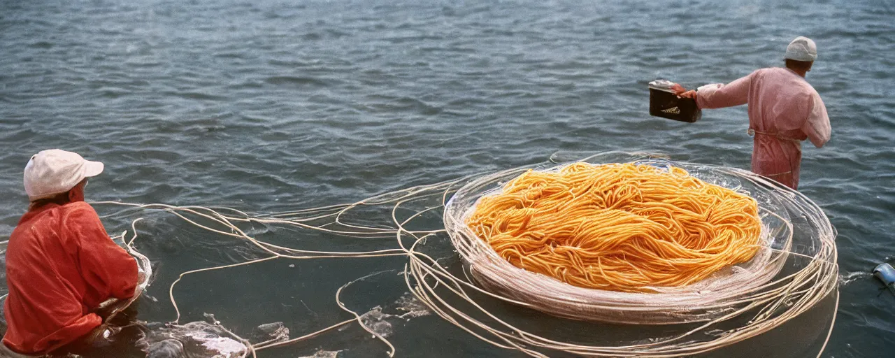 Prompt: spaghetti floating on the surface of the ocean, fisherman in the background, small details, intricate, sharply focused, canon 5 0 mm, wes anderson film, kodachrome