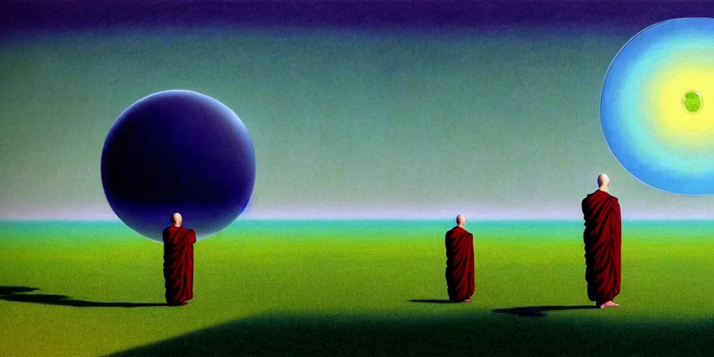 Image similar to neurograph, very very beautiful landscape, an echo a rainbow and a dream, monks praying in a temple forest through a spherical lens, surrealism, intricate, elegant, highly detailed, digital painting, trending on artstation, concept art, sharp focus, by rene magritte, moebius, wide shot