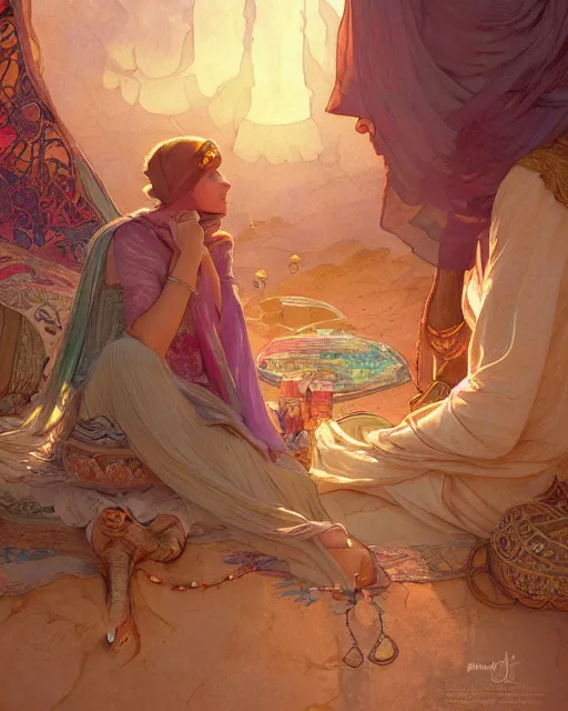 Image similar to bedouin in the desert, highly detailed, gold filigree, romantic storybook fantasy, soft cinematic lighting, award, disney concept art watercolor illustration by mandy jurgens and alphonse mucha and alena aenami, pastel color palette, featured on artstation