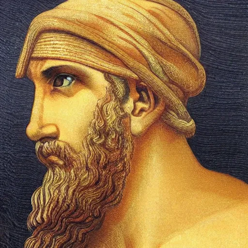 Image similar to portrait of ancient greek man with sharp nose. fine detail. artistic painting by lurid